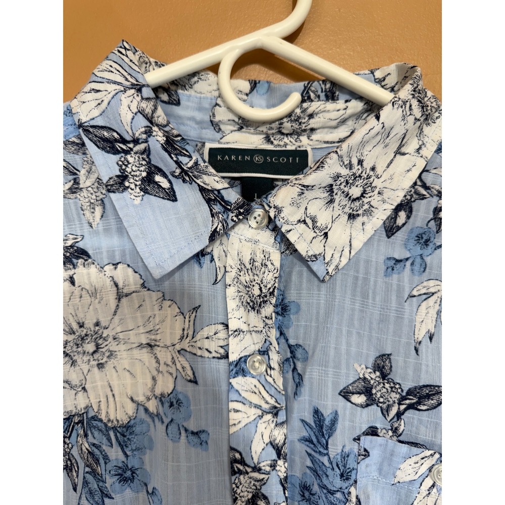 Karen Scott Mens Blue White Floral Cotton‎ Button Down Shirt Large Long Sleeve - Picture 2 of 5